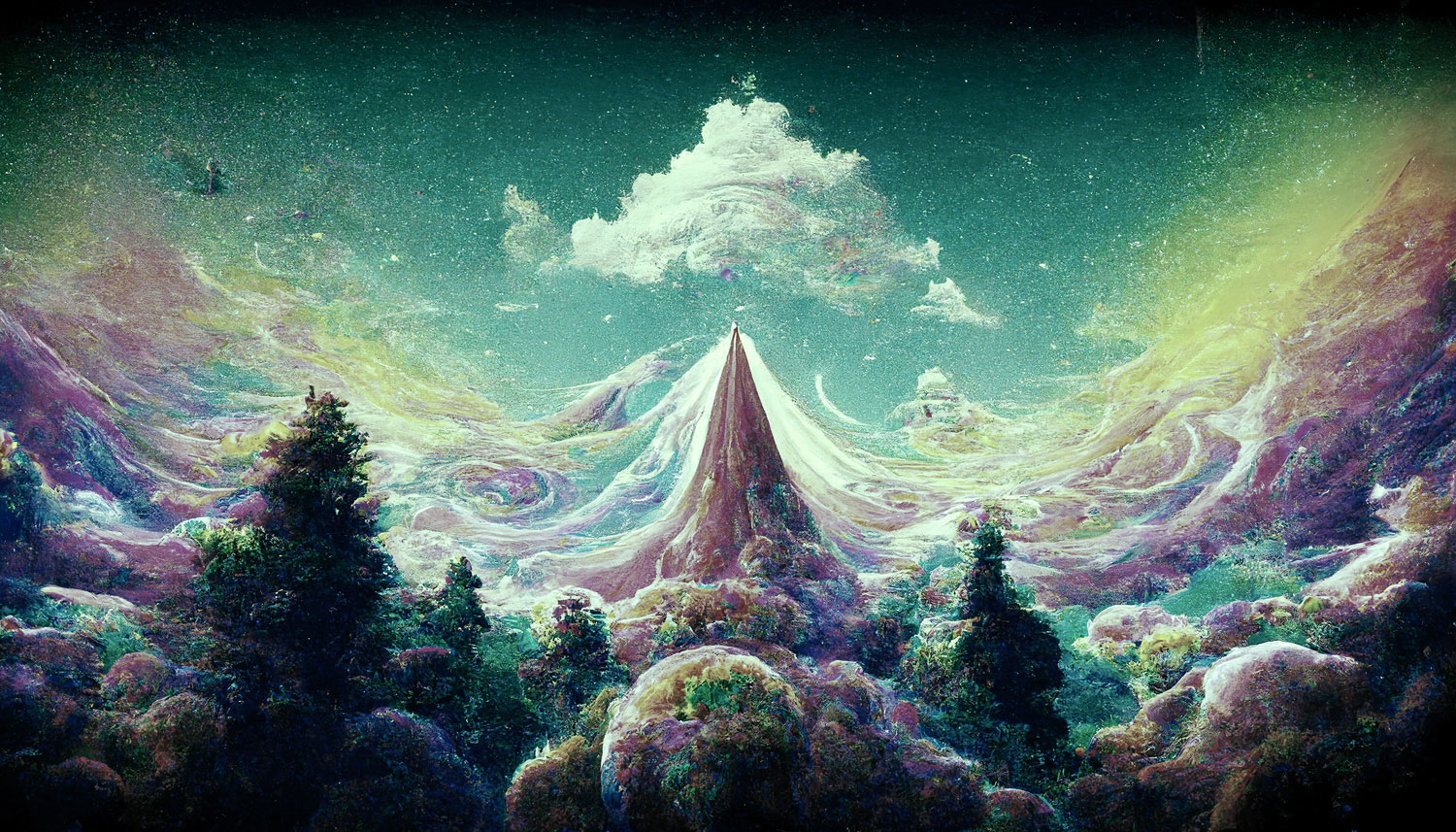 Moving Psychedelic Woods Mountains Pine Trees Header Image